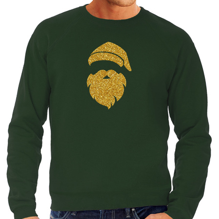 Kerstman hoofd Kerst sweater / trui groen voor heren met gouden glitter bedrukking