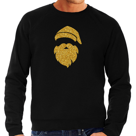 Kerstman hoofd Kerst sweater / trui zwart voor heren met gouden glitter bedrukking