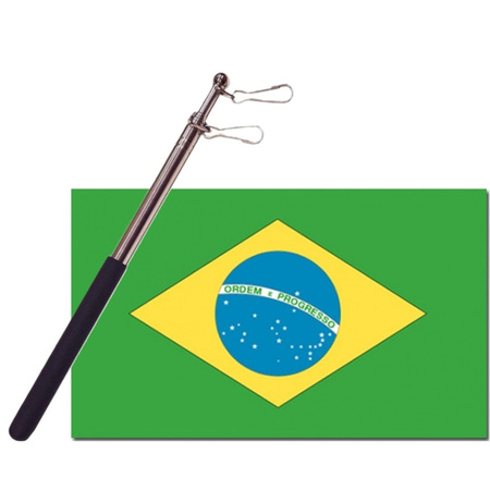Landen vlag Brazilie - 90 x 150 cm - met compacte draagbare telescoop vlaggenstok - supporters