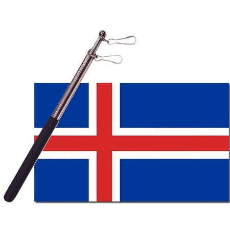 Landen vlag IJsland - 90 x 150 cm - met compacte draagbare telescoop vlaggenstok - supporters