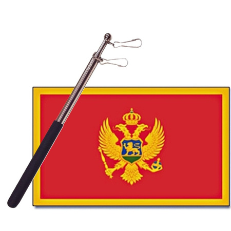 Country flag Montenegro - 90 x 150 cm - with compact telescoop stick - waveflags for supporters