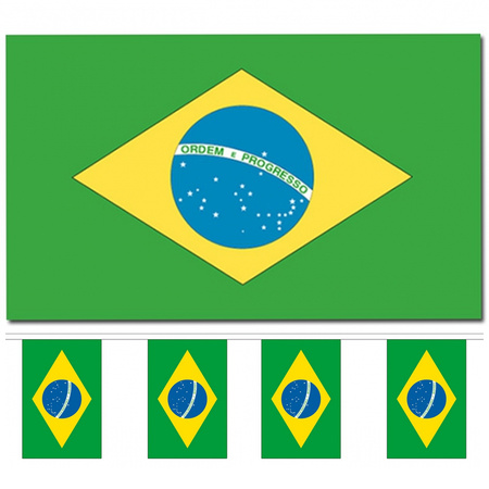 Landen vlaggen versiering set - Brazilie - Vlag 90 x 150 cm en vlaggenlijn 3 meter
