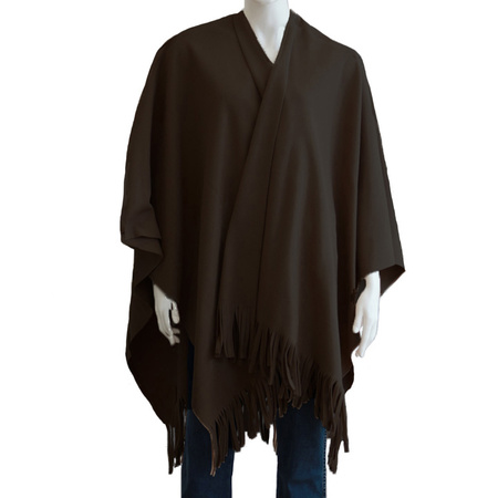 Luxe omslagdoek/poncho - donker bruin - 180 x 140 cm - fleece - Dameskleding accessoires