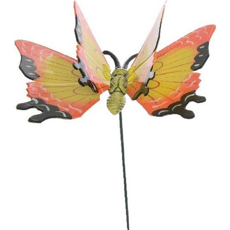 2x stuks Metalen deco vlinders groen en geel van 11 x 70 cm op tuinstekers