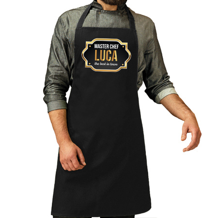 Naam cadeau master chef schort Luca zwart - keukenschort cadeau 