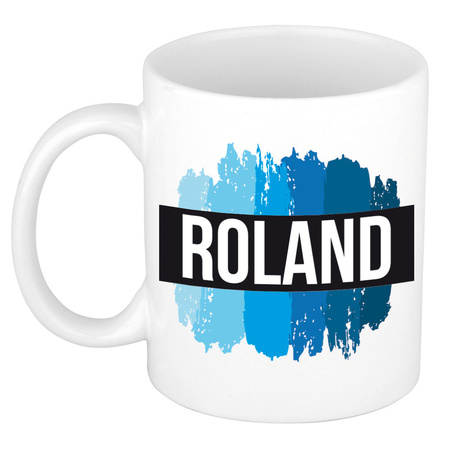 Naam cadeau mok / beker Roland met blauwe verfstrepen 300 ml