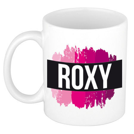 Naam cadeau mok / beker Roxy  met roze verfstrepen 300 ml
