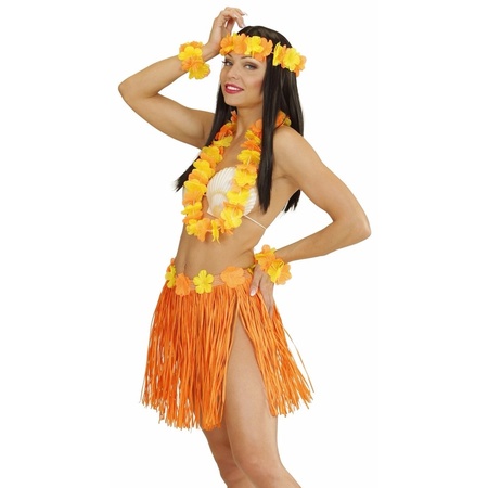 Oranje Hawaii verkleedset rokje en kransen voor dames