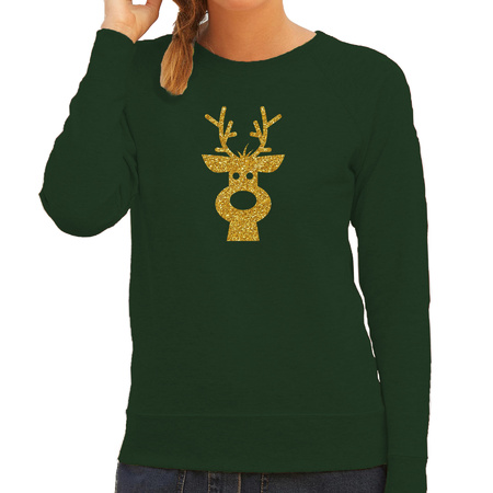 Rendier hoofd Kerst sweater / trui groen voor dames met gouden glitter bedrukking
