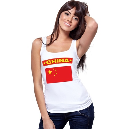 Singlet shirt/ tanktop Chinese vlag wit dames
