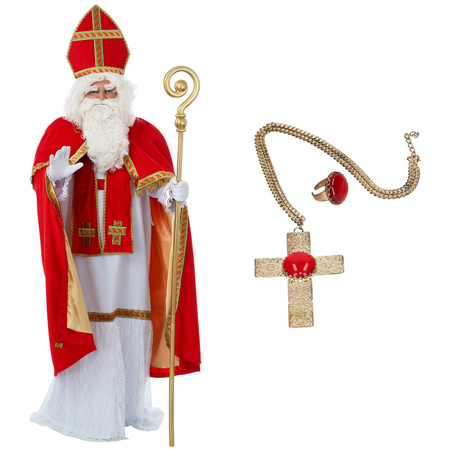 Sinterklaas costume - including ring and cross necklace with red stone
