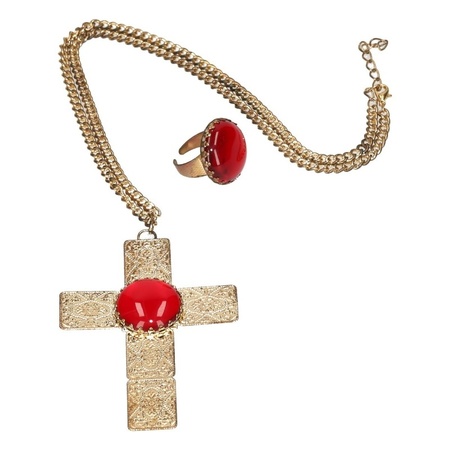 Sinterklaas costume - including ring and cross necklace with red stone