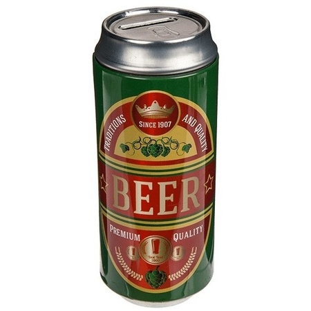 Spaarpot blikje Bier/Beer - metaal - groen/rood - Drank thema - 16 cm