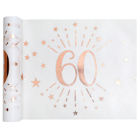 Tafelloper op rol - 60 jaar verjaardag - wit/rose goud - 30 x 500 cm - polyester