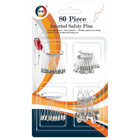 Safety pins assorted in 4 sizes 80x pieces