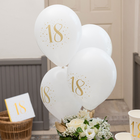 Verjaardag leeftijd ballonnen 18 jaar - 8x - wit/goud - 23 cm - Feestartikelen/versieringen
