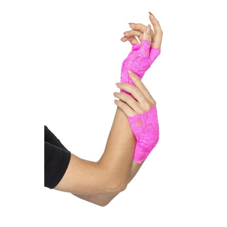 Fingerless lace gloves neon pink